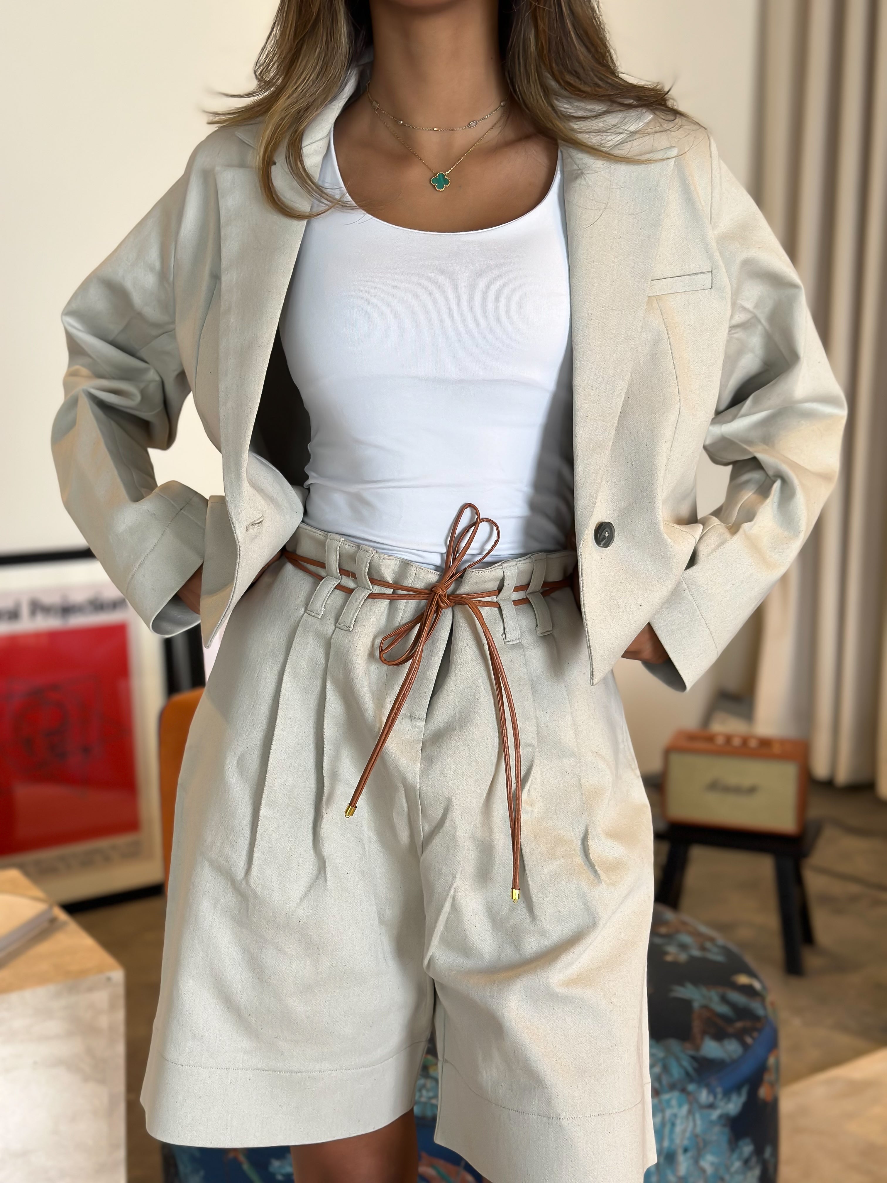 Crop jacket x utility shorts set