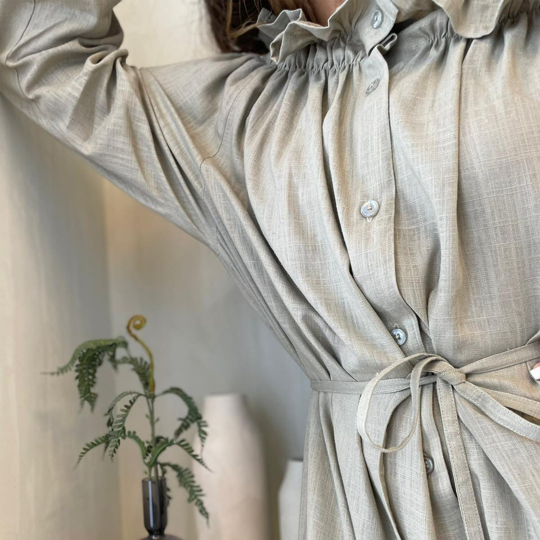Ruffle Off Shoulder Midi Dress Linen