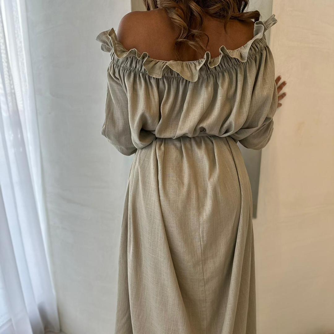 Ruffle Off Shoulder Midi Dress Linen