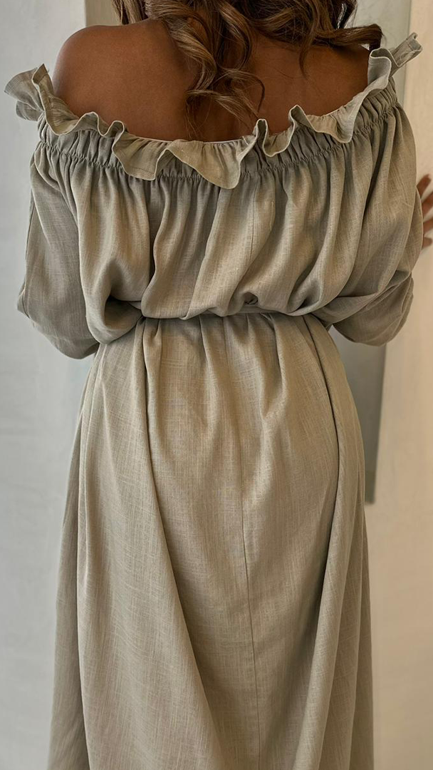 Ruffle Off Shoulder Midi Dress Linen
