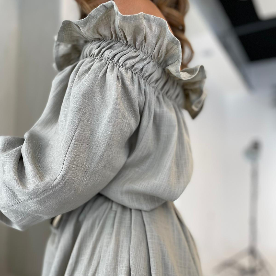 Ruffle Off Shoulder Midi Dress Linen