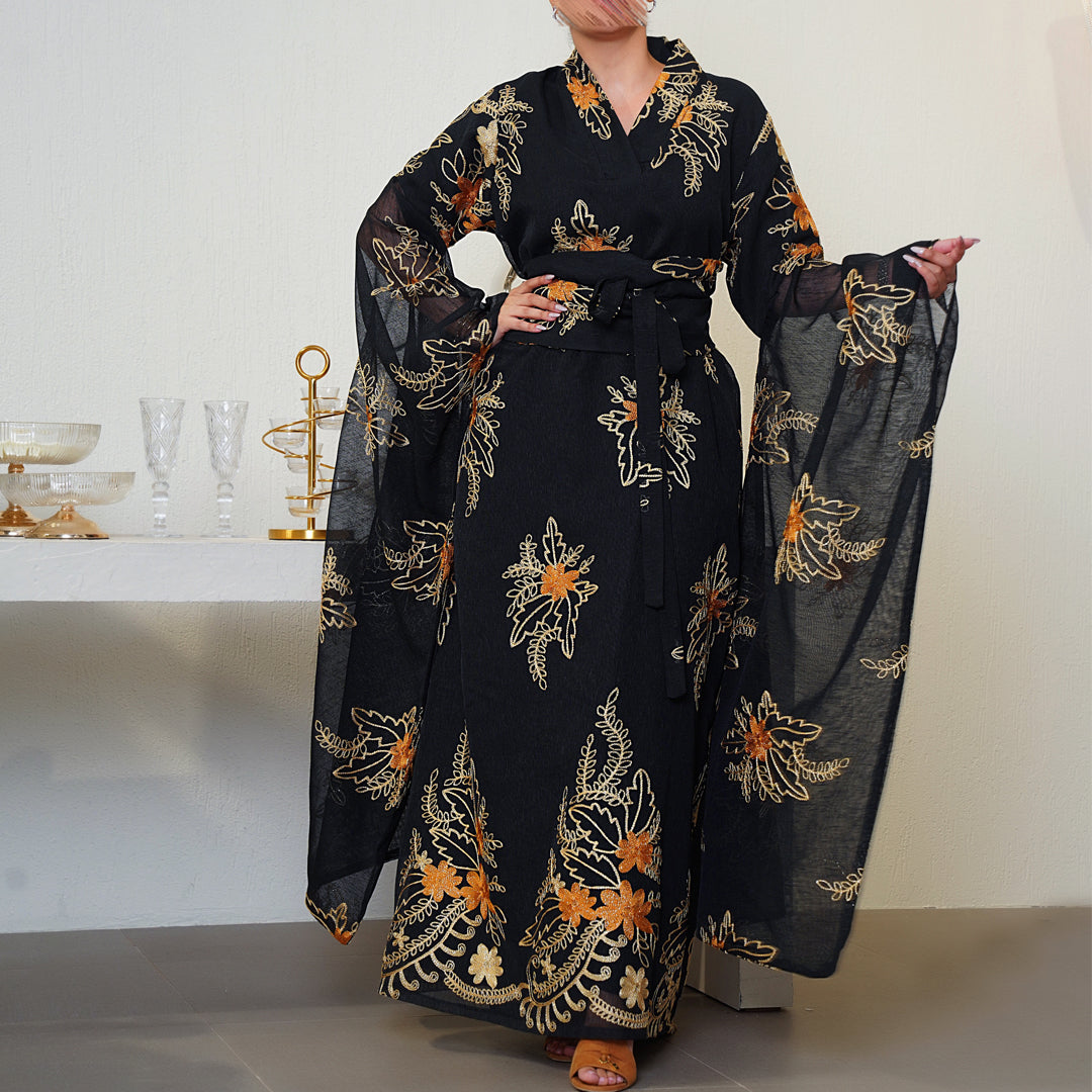 Daraa Belted Cape Sleeve Floral Black