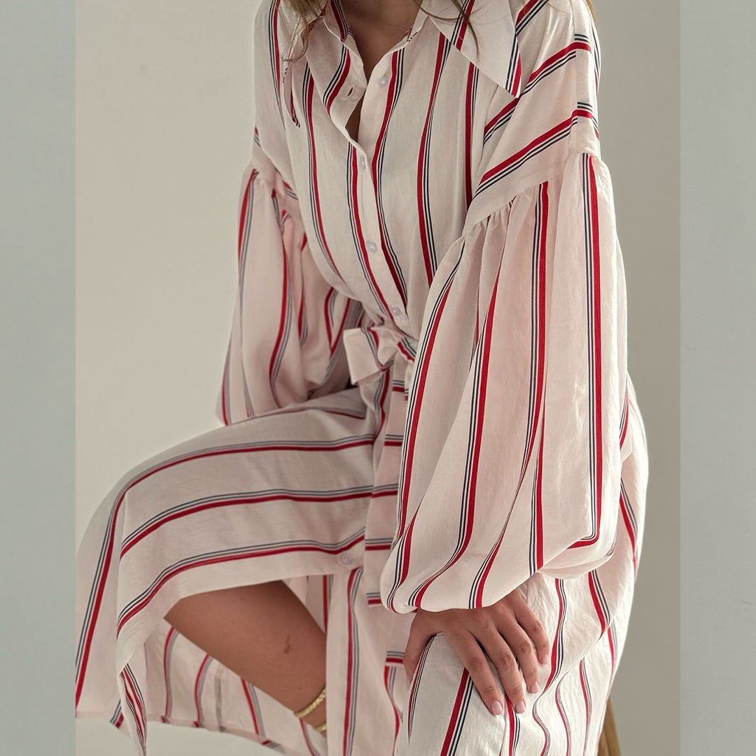 Buff Sleeve Long Dress Stripe