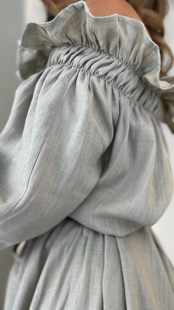 Ruffle Off Shoulder Midi Dress Linen