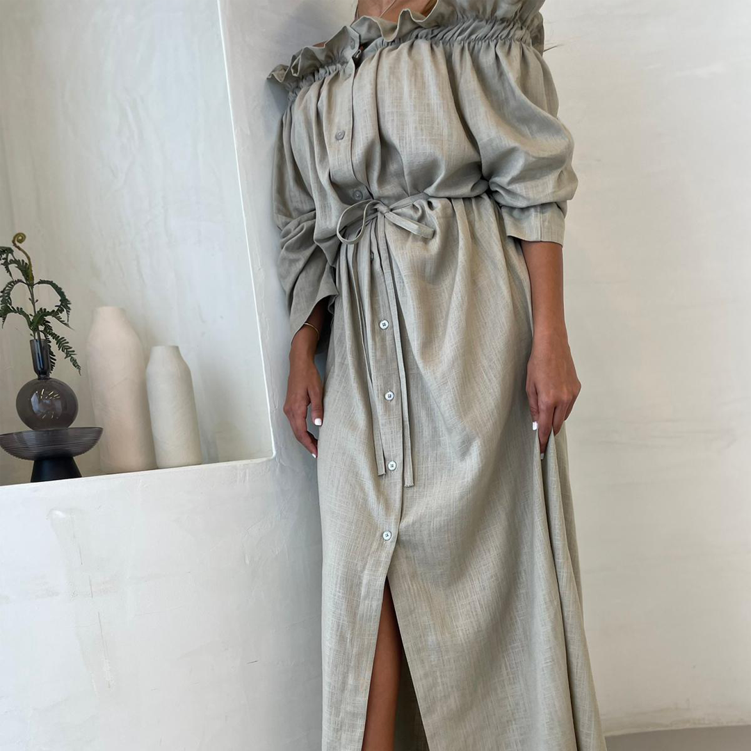 Ruffle Off Shoulder Midi Dress Linen