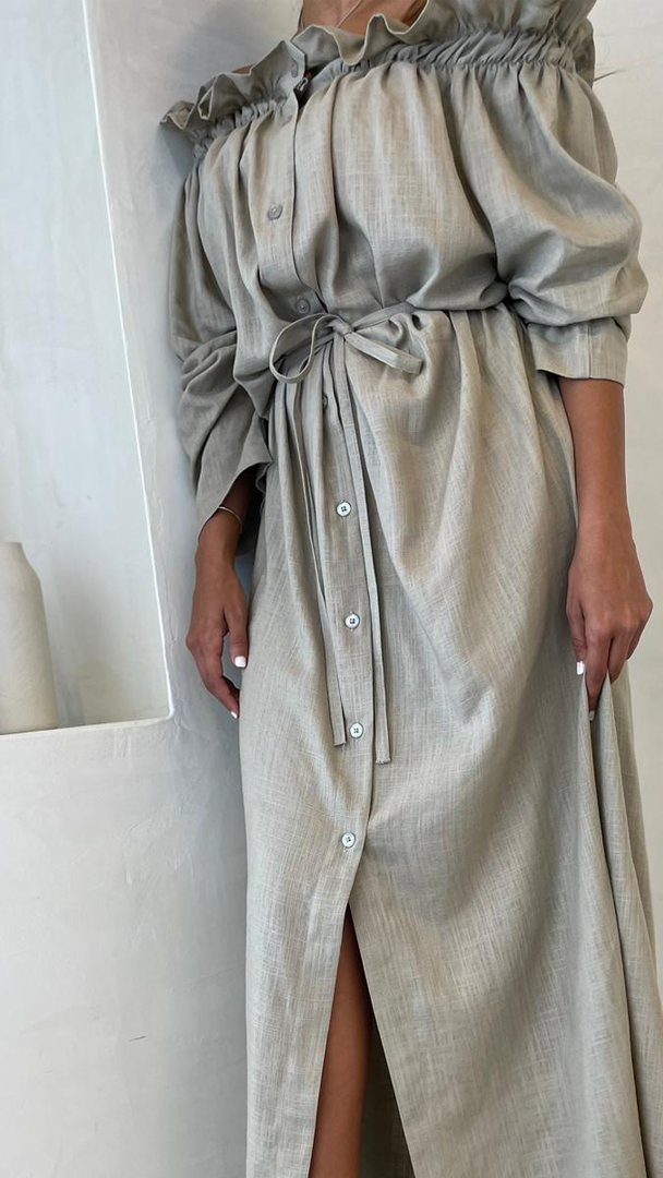 Ruffle Off Shoulder Midi Dress Linen